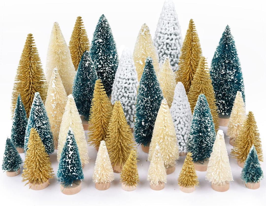 DearHouse 33PCS Artificial Mini Christmas Trees, Mini Pine Tree Sisal Trees with Wood Base Bottle Brush Trees for Christmas Table Top Decor Winter Crafts Ornaments (Blue)