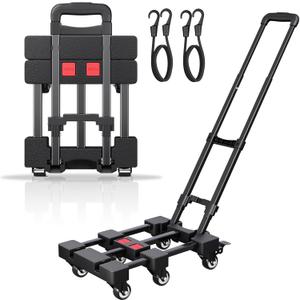Folding Hand Truck, 500 LB Portable Dolly Cart Heavy Duty Luggage Cart with 6 Wheels & 2 Ropes for Travel, Moving, Shopping