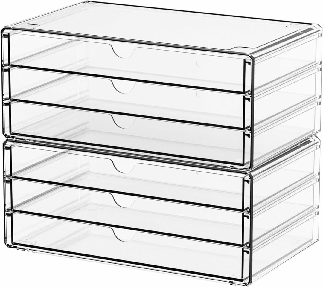 Yieach 2 Pack Acrylic Storage Drawers With 6 Drawers, Stackable Desk Organizer and Makeup Organizer, Large Clear Office Supplies Organizer for Pen, Stationary, Palettes, Arts Craft Organizers and Storage