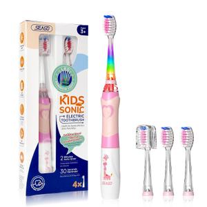 SEAGO Kids Electric Toothbrush with 2 Mins Timer and 4 Replacement Bursh Heads, Rainbow LED Light Make Brushing Fun, Pink Color Girls Battery Powerd for 4-12 Years OldSG-977