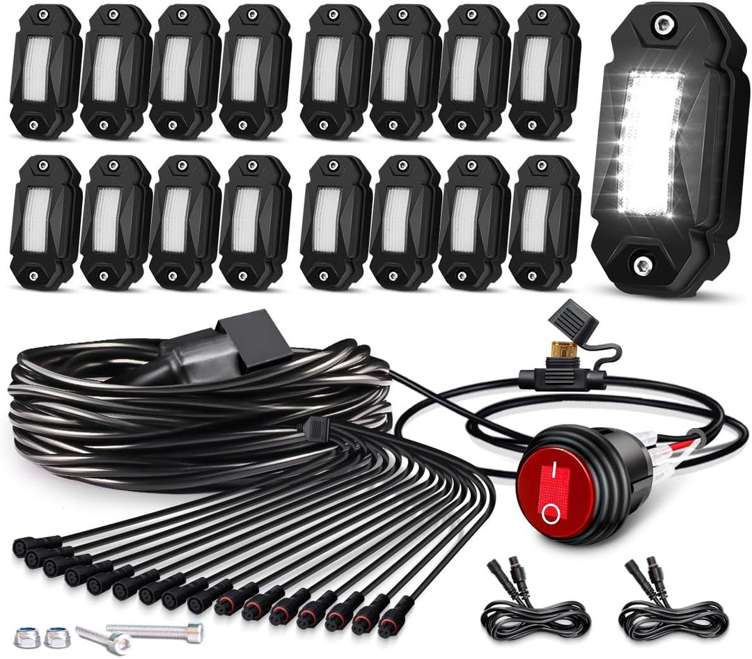 Rock Lights,LEDMIRCY R2 Pure White LED Rock Lights Kit 16PCS with Toggle Switch Wiring Harness Ultra Bright for UTV Trucks ATV Underglow Light Trail Rig Under Body High Power Waterproof