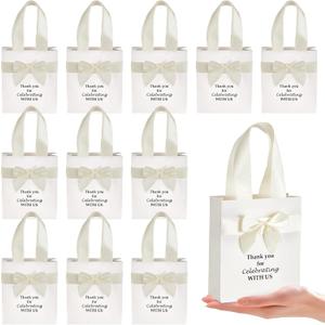 50 Pcs Wedding Gift Bags for Guests Bulk with Bow Ribbon Handles 6.2x7.2x2.5 Inch Wedding Favor Bag Thank You Gift Bags for Party Favor Bridesmaid Bags Bridal Shower Valentine Birthday Supplies(Beige)