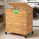Livole Wicker Laundry Hamper 2 Sections with Lid & Wheel, 30 Gallon (120 L) Handwoven Water Hyacinth Laundry Basket with 2 Removable Liners & Handles for Bedroom Bathroom Laundry Room Natural