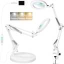KIRKAS 10X Magnifying Glass with Light and Stand, 2-in-1 Stepless Dimmable LED Magnifying Lamp with Clamp, 3 Color Modes Lighted Magnifier Lens Swivel Arm Light for Reading, Craft, Close Works -White