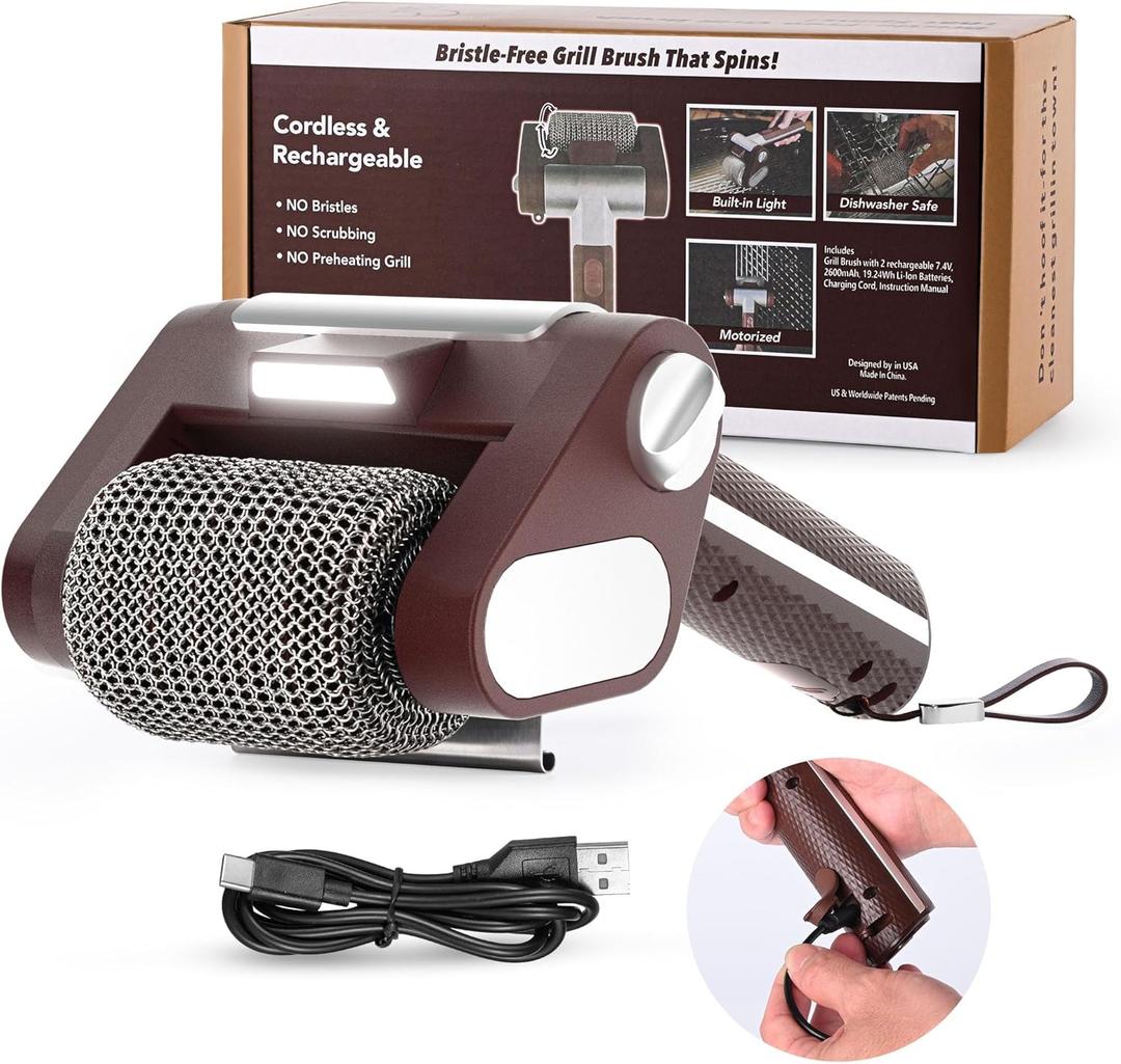 Electric Grill Cleaner Bristle Free  Cordless, Rechargeable BBQ Grill Brush with 350 RPM Stainless Roller, LED Light, Dishwasher-Safe for Gas/Charcoal Grills (Brown)
