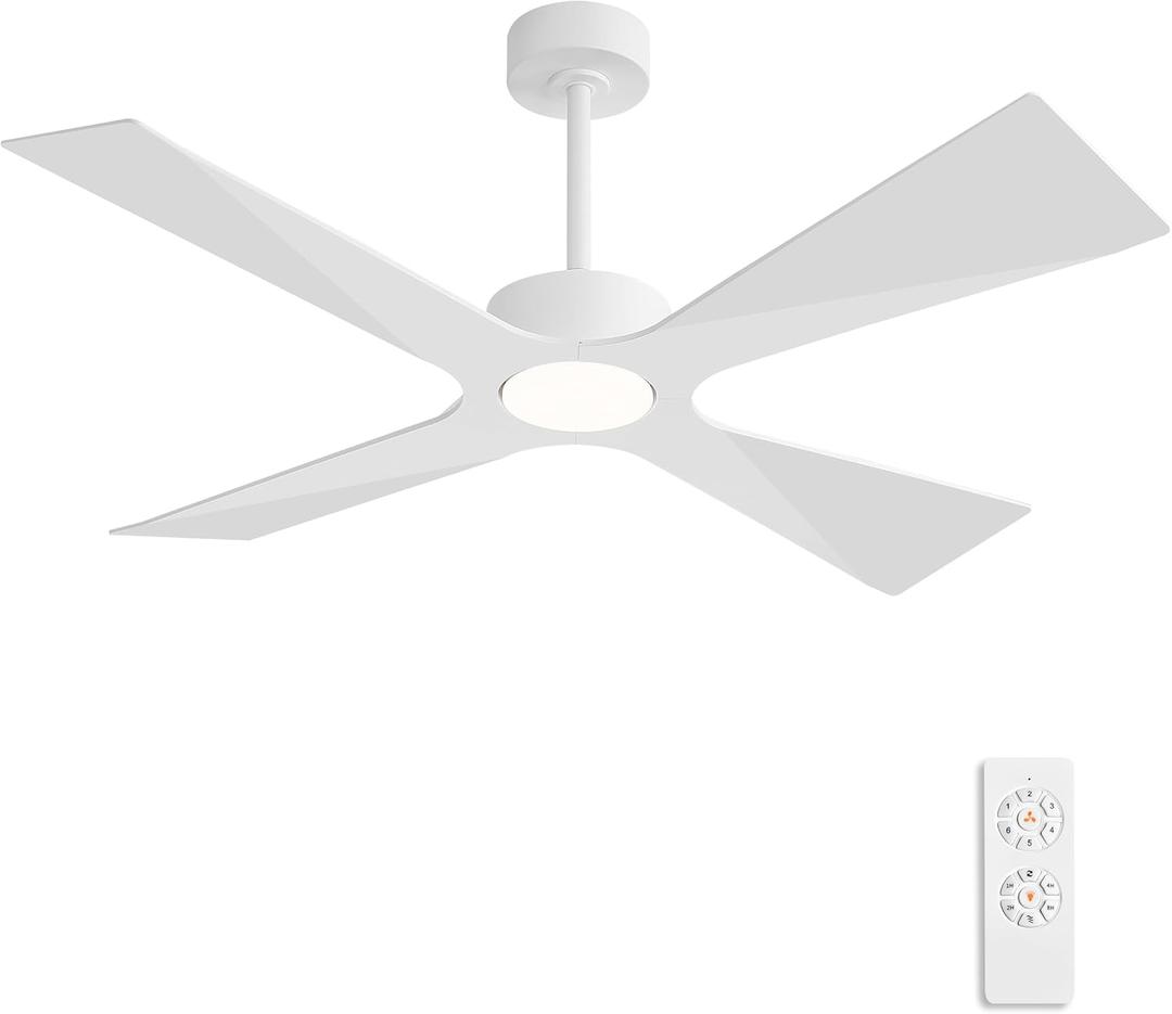 WINGBO 54" Wet Rated Outdoor Ceiling Fan with Lights, 4 ABS Plastic Blades, Reversible DC Motor, 6-Speed Remote Control, 3 CCT, Waterproof Ceiling Fan for Patio Porch Gazebo Garage, Gloss White