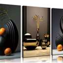 3pcs Black Abstract Canvas Wall Art Modern Still Lifes Ceramic Wall Deco Pictures Black And Orange Shapes Minimalist Posters Prints Paintings for Living Room Bedroom Bathroom Home Decoration