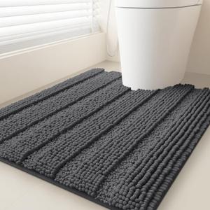 Striped Grey Toilet Bathroom Rug Mat 24" x 20" Contour Rug Ultra Soft, Non Slip Chenille Bath Rugs, Absorbent Plush Shaggy Bath Mats for Bathroom, Bedroom, Kitchen, Shower, Tub,Dark Gray, Charcoal