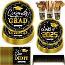 211Pcs Graduation Paper Plates Set - Include Paper Plates Cups Cutlery Napkins and Tablecloth for 2025 Graduation Party Supplies, Serve 30 (Black and Gold)