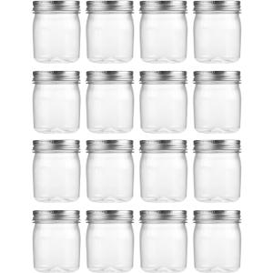 Novelinks 8 oz Clear Plastic Jars with Airtight Lids, 16 Pack Plastic Mason Jars with Lids 8oz, Refillable Storage Slime Containers & Small Spice Jar for Kitchen Organization (16 Pack,Silver)