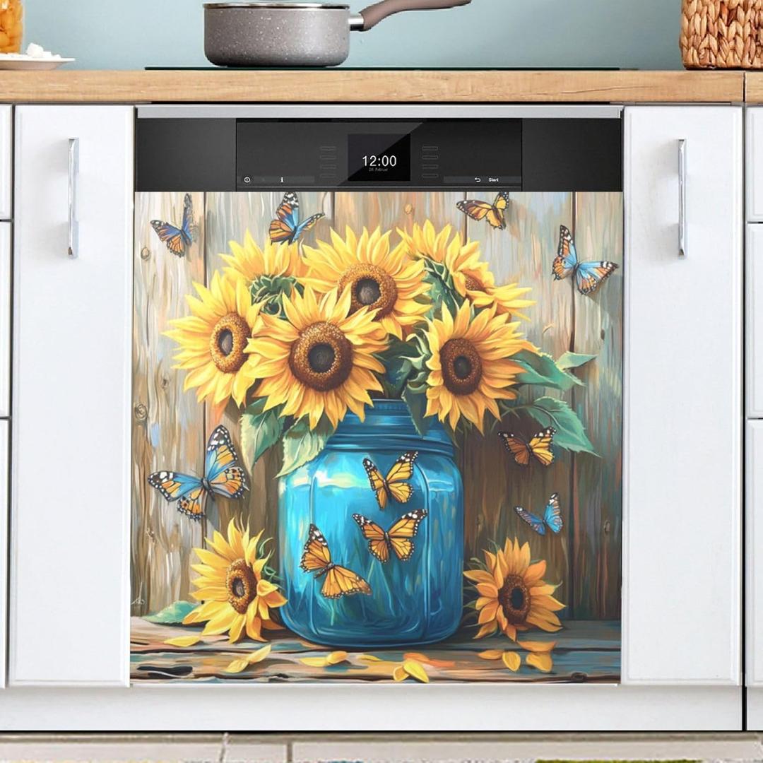 Sunflowers Butterfly Jar Dishwasher Magnetic Cover Strong Universal Panel Decal for Refrigerator Fridge Magnet 23 x 26 Inch Kitchen Decorative for Whiteboard Fridge Kitchen Office Home