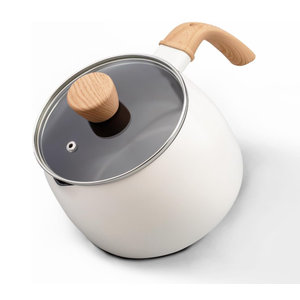 LISOS 2.5 Quart Nonstick Ceramic Sauce Pan with Lid, Small Milk Pots for Cooking with Pour Spout, Aluminum stock Pot Wood Handle for kitchen, PFASFree, White