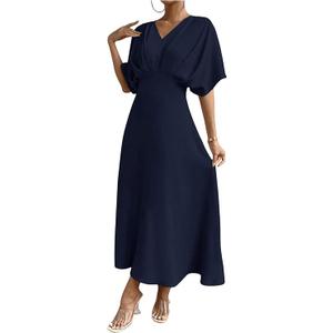 Floerns Women's V Neck Half Sleeve Ruched Cocktail Evening A Line Long Dress L