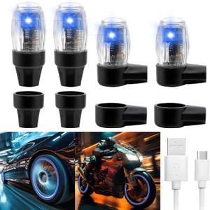 4 Pack Tire Lights for Car LED Colorful Wheel Light Valve Stem Cap Flash Light for Truck Motorcycle Bike Waterproof Rechargeable Tyre Spoke Lamp Glow in the Dark Reflector Accessories(Blue)