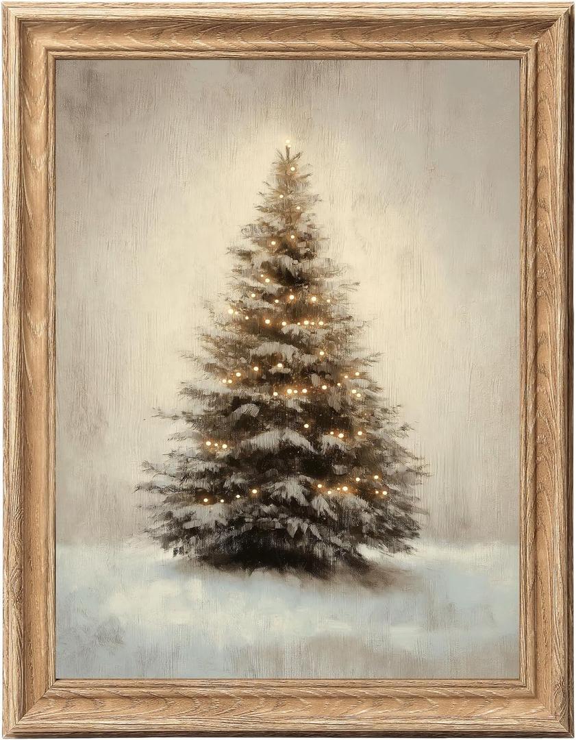 ASTRDECOR Vintage Christmas Tree Wall Art, 12x16 Rustic Farmhouse Holiday Wall Décor with Faux Wood Grain Frame, Cozy Christmas Decorations for Living Room, Bedroom, Dining Room, Entryway