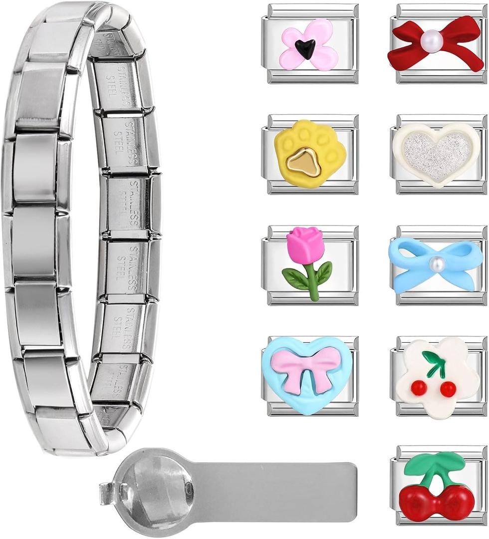 ITingstere Italian Charms Bracelet Sets with 8Pcs Charms and Opening Tools,Cherry 9mm Italian Modular Charm Bracelet Link Handmade