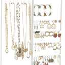 Mkono Hanging Jewelry Organizer Wall Mounted Earring Holder Metal Necklace Holder Wood Shelf with 55 Holes and 7 Hooks Display Rack For Storage Bracelet Rings Ear Studs Accessories Women Bedroom Decor