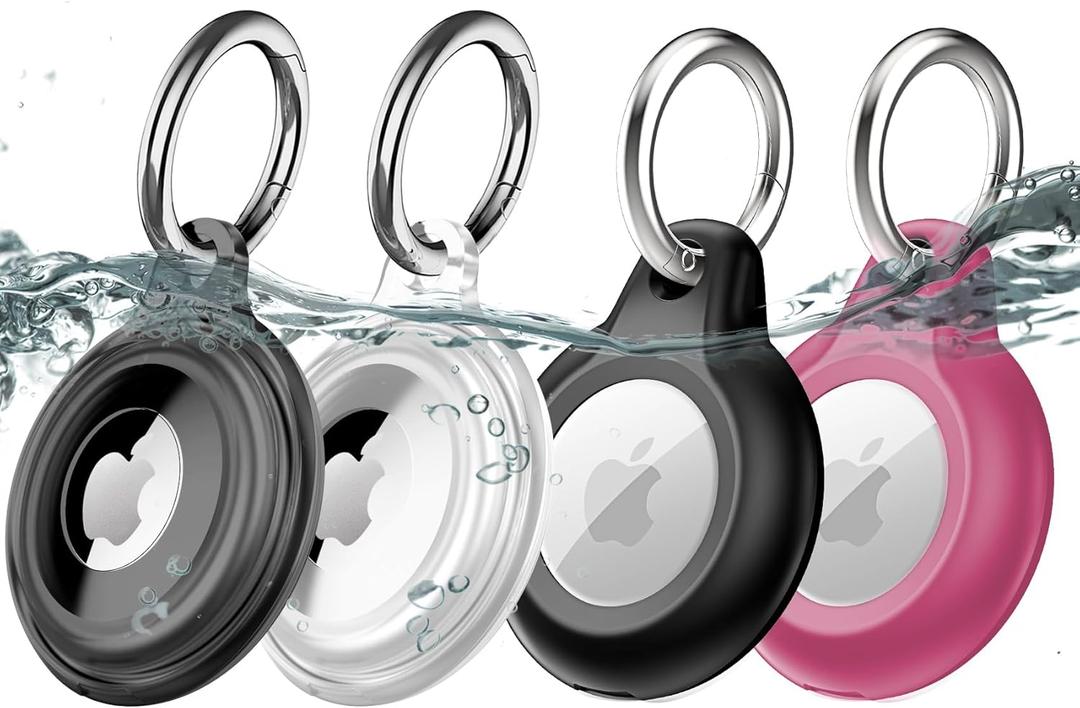 4 Pack IPX8 Waterproof Compatible with AirTag Keychain Holder Case, Lightweight, Anti-Scratch, Easy Installation, Soft Full-Body Shockproof for Luggage, Keys, Dog Collar (Black+ Clear+ Black+ Pink)