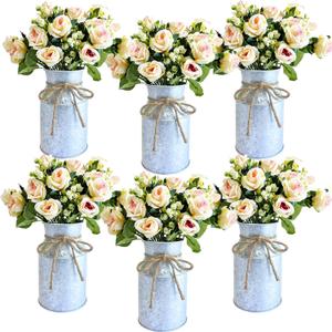 Farmhouse Artificial Rose Flowers with Metal Vase, Set of 6 Fake Rose Arrangements for Table, Faux Bouquets Wedding Centerpiece Decorations, Home Office Flower Decor (Silver Vase & Champaign Roses)