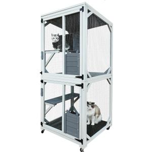 Outdoor Catio Cat Enclosures on Wheel, 71" Large Kitty House with Napping House, 4 Platforms & Weatherproof Asphalt Roof,Cat Condo Cage Shelter Playpen with Sliding Doors