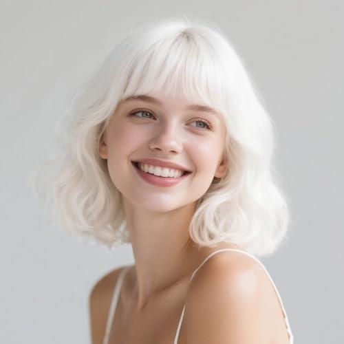 SUKRI White Bob Wig with Bangs Short Wavy White Wigs for Women Silver White Bob Hair Wig for Party Cosplay Daily Use RE9 Emily cosplay wig（12 Inch）