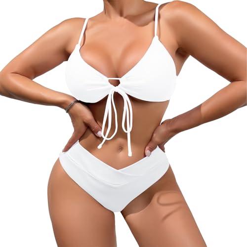 meioro Bikini Set for Women Tie Front Triangle Bathing Suits, Solid V Neck Two Piece Swimsuits High Waisted V Cut Bottom, Spaghetti Straps Swimwear Sexy High Cut Swimming (White, XL)