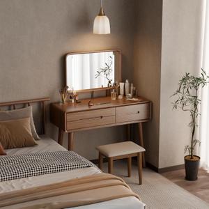 Solid Wood Vanity Desk with Mirror and Lights,Adjustable Height and Brightness, Makeup Vanity with 3 Drawers,Semi-Assembled,Dressing Table for Bedroom (Walnut)