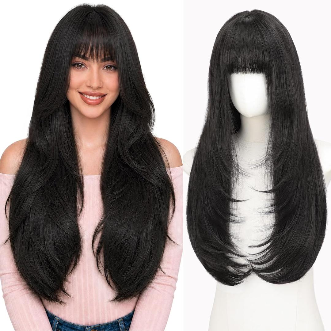 ALXNAN Hair Toppers For Women with Thinning 3D 360°Cover,26Inch Black Long Straight Layered Clip In Synthetic hair topper with Bangs