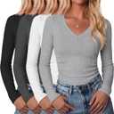 4 Pack Womens Cotton Ribbed Tops | V Neck, Slim Fitted, Layering, Fall, Basic, Knit, Soft, Long Sleeve, Comfy, Versatile, Trendy, Casual, Lightweight, Cozy (Gray, L)