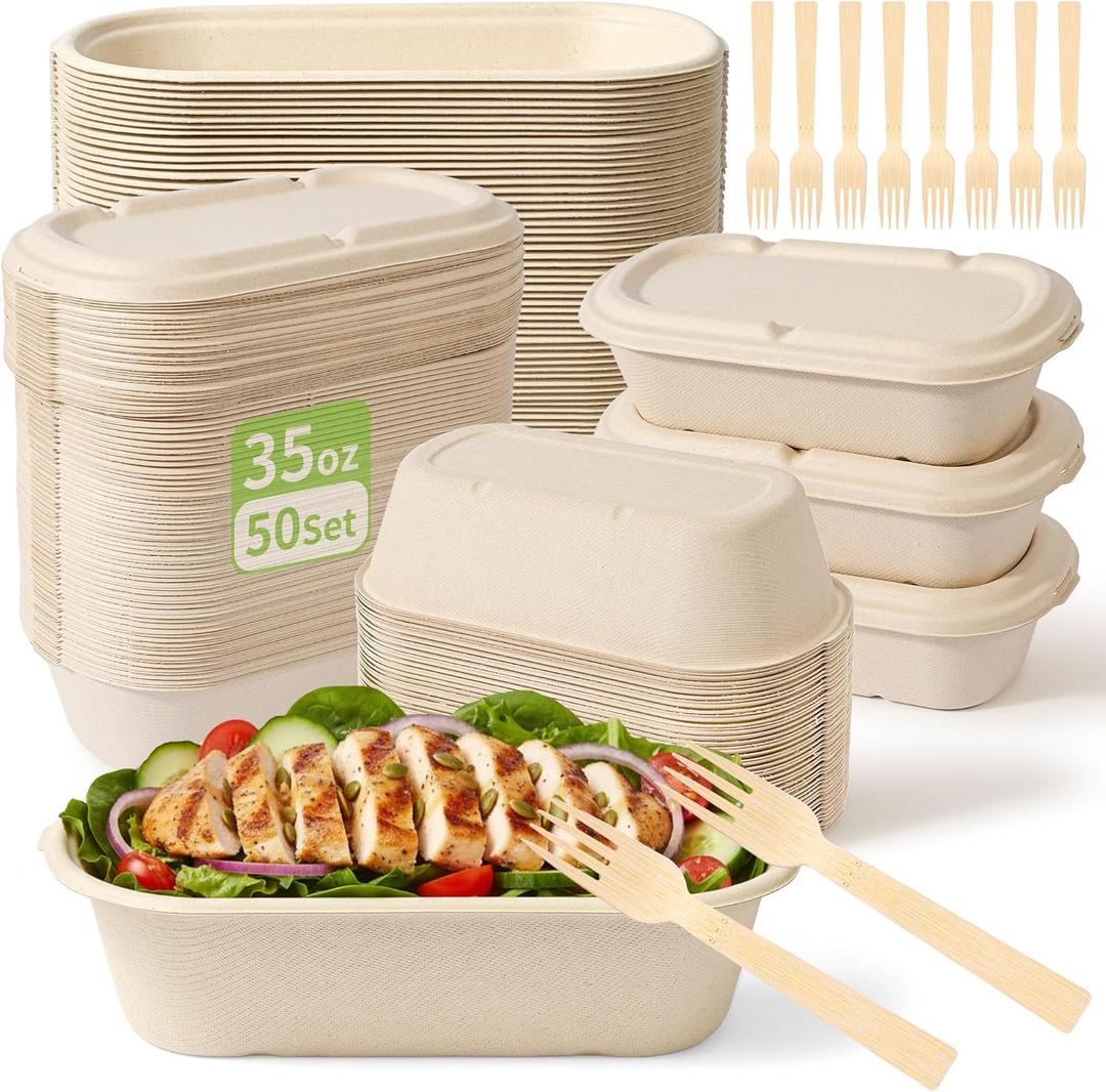 50-Pack 35oz Disposable Meal Prep Containers with Lids, Sugarcane Pulp Compostable Food Containers + 50 Bamboo Forks, To-Go Food Containers, Microwave & Freezer Safe for Hot or Cold Foods