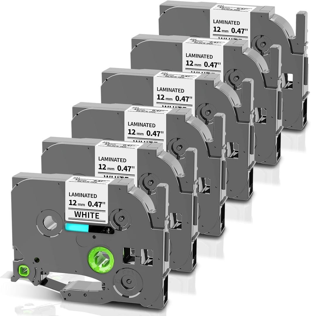 Greateam Label Maker Tape Replacement for Brother P Touch Label Tape 12mm 0.47 Laminated White TZe-231 TZe231 TZe TZ Label Maker Refills for Brother PT-D220 D210 H110 D410 D610BT, 12mm x 8m, 6-Pack (Black on White)