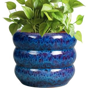 SQOWL Ceramic Planter Pot - 8 Inch Plant Pot Indoor with Drainage Hole Round Outdoor Pot for Plants Decorative Flower Pots Round Planter for Home Room Decor Blue