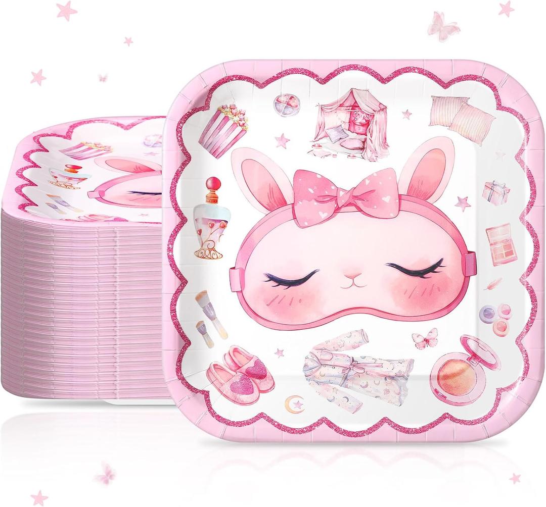 Funnymoom 60 Pcs Pajama Slumber Party Dessert Plates Bulk 7 x 7 Inch Girls Sleepover Paper Plates for Slumber Spa Birthday Party Decor Supplies