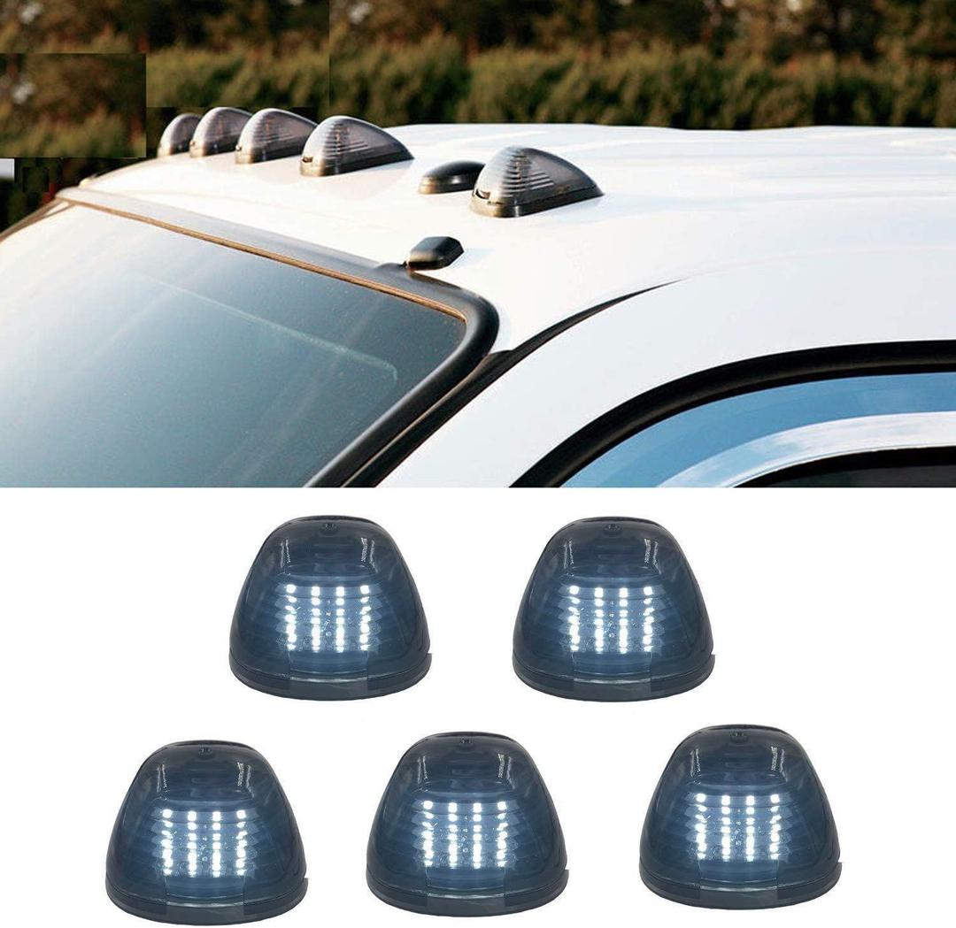 5 X Cab Roof Marker Lights Smoke Lens White 16 LED Compatible with 1999-2016 Ford F150 F250 F350 F450 F550 F650 E150 E250 E350 Super Duty Pickup Truck Roof Running Lights w/Wiring Pack (Smoke Housing & White LED)
