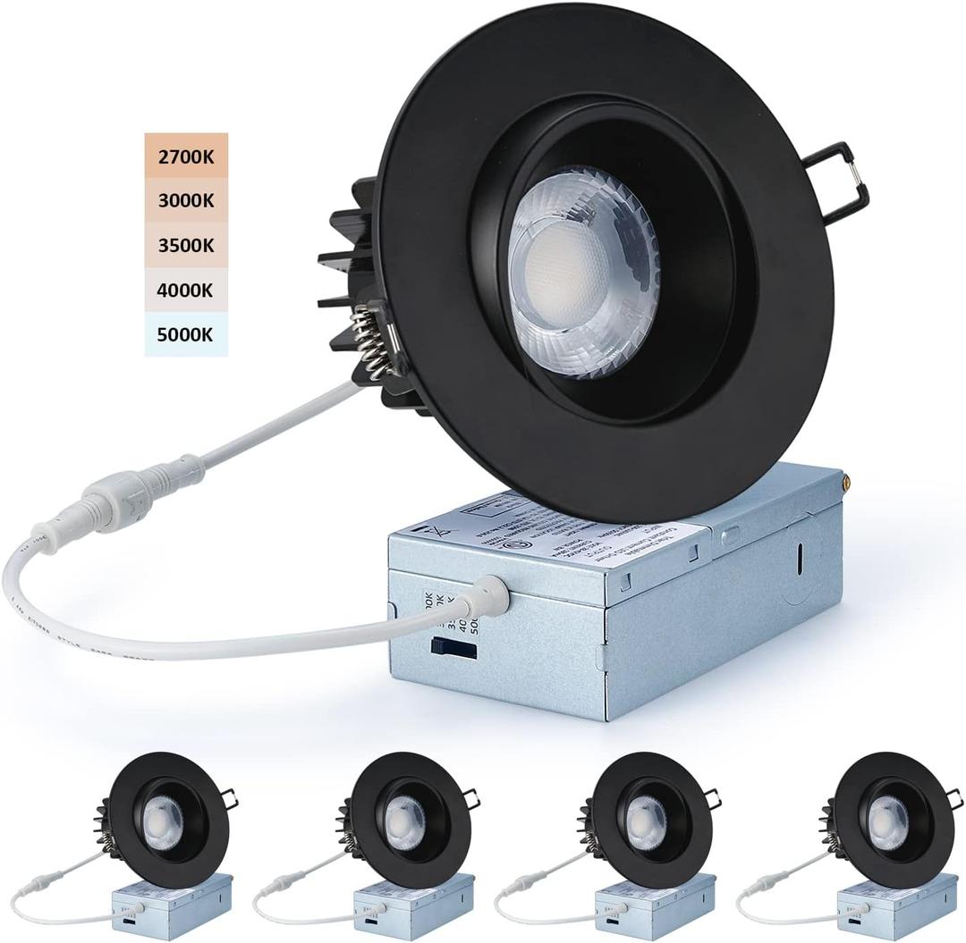 Canless Recessed Gimbal Downlight - Suitable for 20ft High Ceiling 1200lm 4 Inch 15W LED Rotatable Eyeball Spotlight, 5CCT Dimmable Lights with Junction Box, Anti-Glare, Black 4 Pack