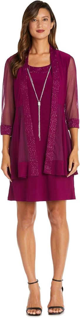 R&M Richards Women's Glitter Jacquard Jacket W/Sheer Insets & Knee-Length Shift Dress W/Necklace - Formal 2-Piece Ensemble (8)