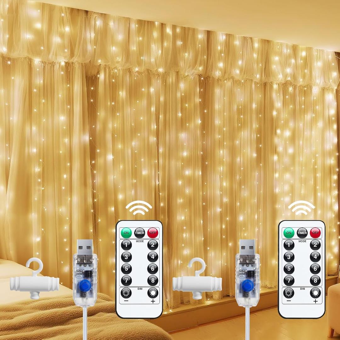 Brightown 300 LED Fairy Curtain Lights, 9.8ft x 9.8ft String Lights, USB Plug in 8 Lighting Modes Christmas String Hanging Lights with Remote for Bedroom Indoor Outdoor Party Xmas Warm White 2 Pack