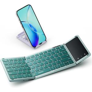 seenda Foldable Bluetooth Keyboard with Touchpad, Travel Folding Keyboard with PU Leather & Phone Holder, Small and Portable for iPad Tablet Laptop for College Students - Sage Green