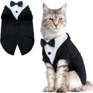 QBLEEV Cat Tuxedo Suit, Cat Halloween Costumes for Cats Only, Sphynx Cat Tuxedo Outfit Costume with Bow Tie, Kitten Formal Attire Wedding Birthday Onesie Clothes for Male Girl Hairless Cats (Medium, Black)