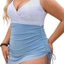 B2prity Women's Plus Size One Piece Swimdress Swimsuit Tummy Control Slimming Swim Dress Mesh Drawstring Skirted Bathing Suit (Large, Stripe, Grey Blue)