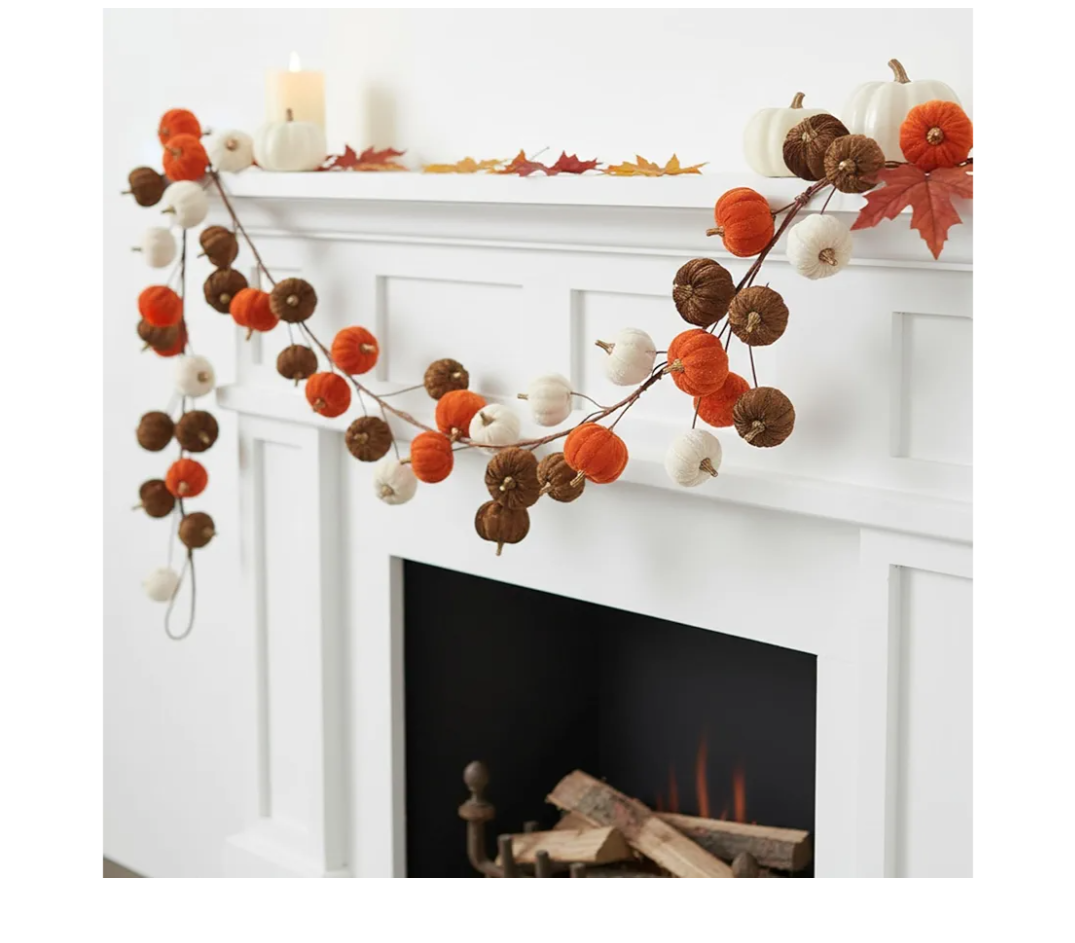 Fall Velvet Pumpkin Garland Thanksgiving Harvest Pumpkin Banner Decorative Foam Pumpkins Garland for Fireplace Mantel Autumn Farmhouse Porch Indoor Wedding Table Centerpiece Decor