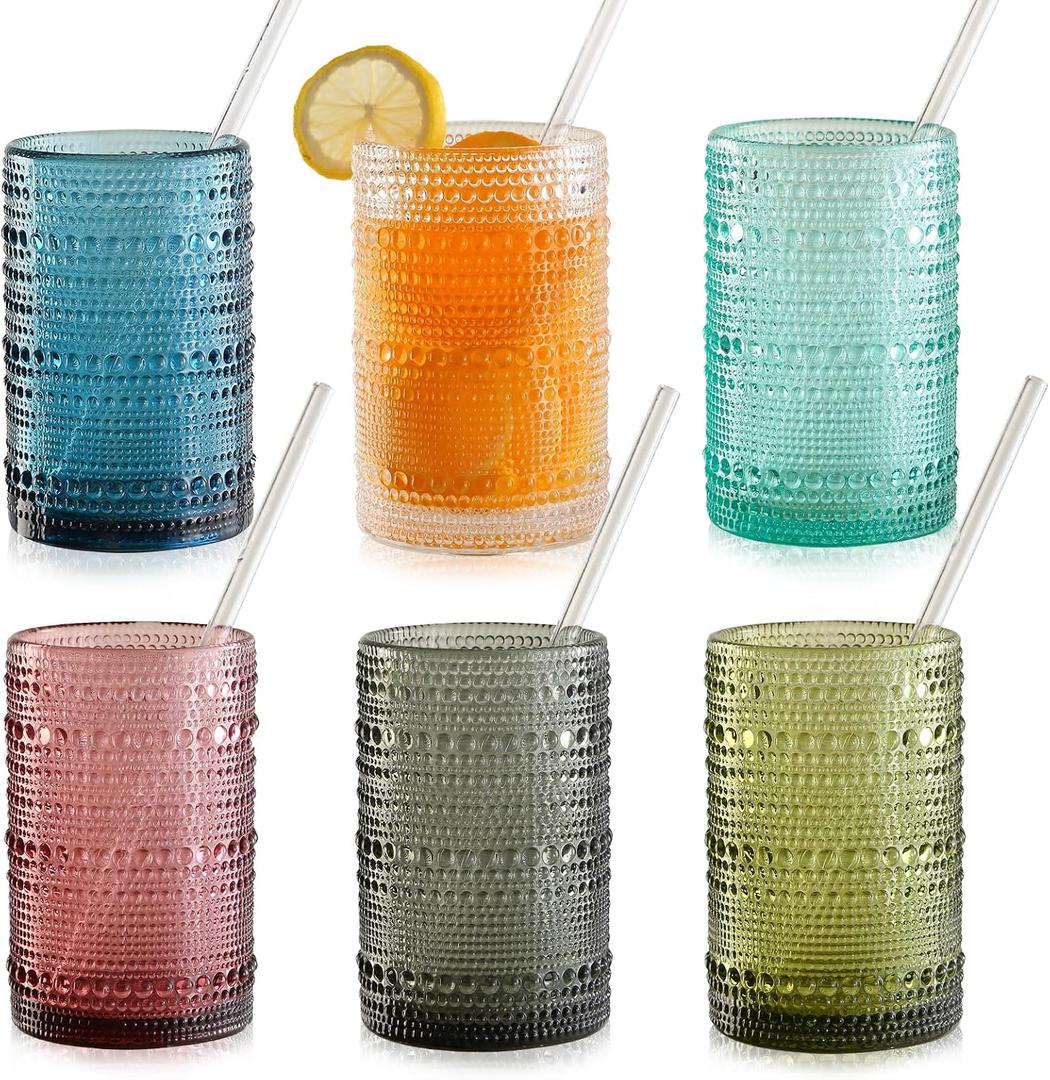 KMIGRUAN 15oz Colored Hobnail Drinking Glasses Set of 6,Vintage Kitchen Glassware, Embossed Beaded Glass Cups,Water Tumbler for Cocktail,Juice and Various Mixed Drinks