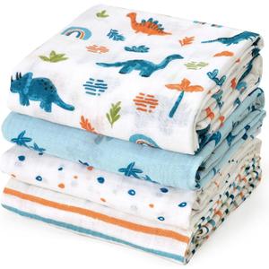 david's kids 4 Pack Baby Muslin Swaddle Blankets, 100% Cotton and Ultra Soft Breathable Receiving Blanket Wrap for Boys Girls, New Born Essentials, Large 47 x 47 inches, Dinosaur Blue