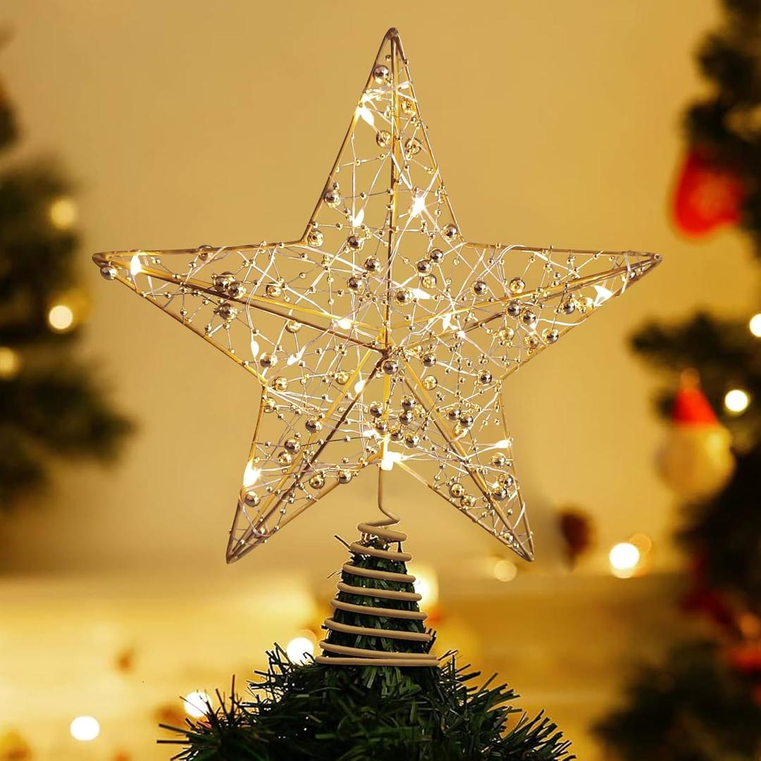 Christmas Tree Topper 10" Golden Glittered Star Tree Topper with 30 LED Lights Xmas Tree Topper Star for Xmas Decorations Ornaments Holiday Party Indoor Decor