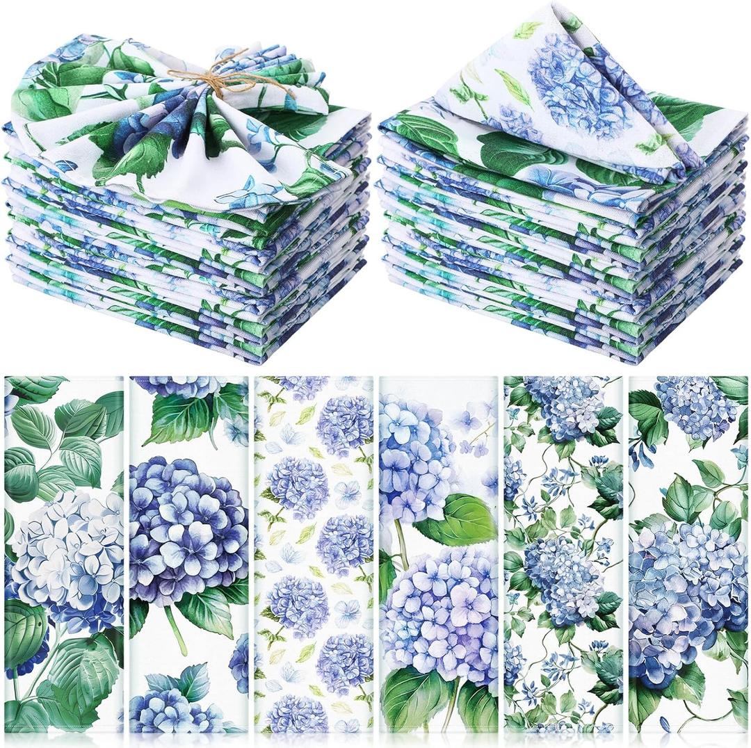 24 Pcs Hydrangea Cloth Napkins Floral Plants Reusable Napkins Country French Toile Dinner Napkin Soft Absorbent Napkin for Everyday Spring Summer Holiday Party