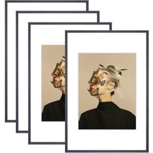 8x12 Picture Frame Set of 4, Matted Black Simple Modern Brushed Thin Aluminum Metal Photo Frame Fits 6x8 with Mat or 8 x 12 without Mat Vertical and Horizontal for Tabletop and Wall Mounting