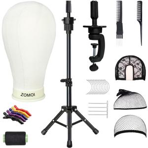 Wig Stand with Head, 22 Inch Canvas Wig Head with Stand for Wigs, Canvas Mannequin Head, Manikin Head Block Set for Wigs Making Display with Wig caps, T Pins, C Bristle Brush