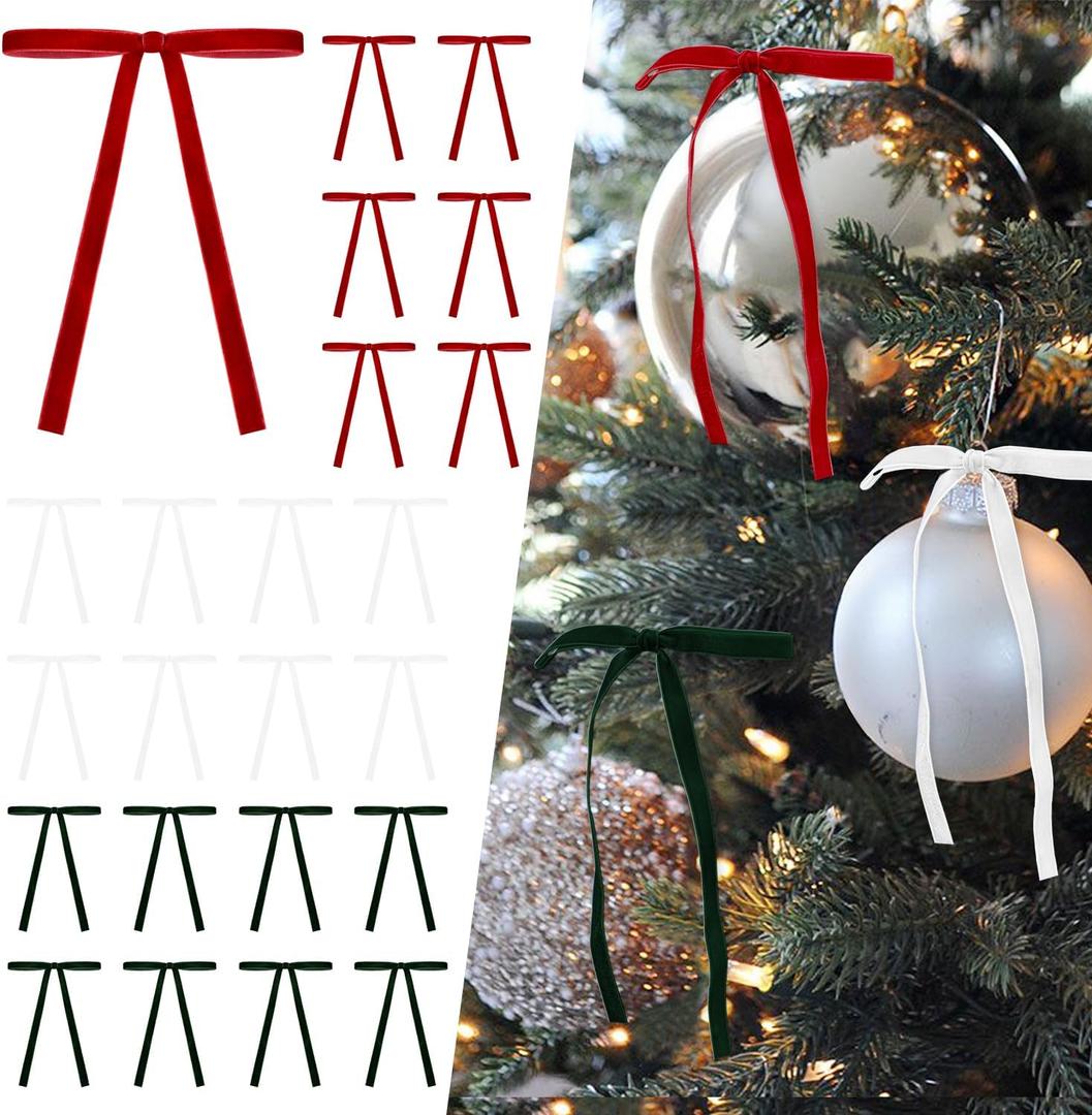 SIMISI RIBBON 24Pcs Christmas Velvet Ribbon Bows Decorations Xmas Ornaments Vintage Decor for Tree, Wreath, Garland (3/8'' Width, 5 * 7 inch)