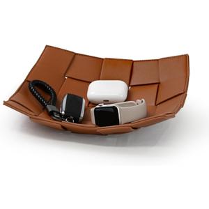 Valet Tray PU Leather Key Holder Bowl for Men and Women Entryway Table Nightstand Catchall Storage Organizer EDC Dump Tray for Wallet, Keys, Coins Men's Gift - Brown, 9.8" L x 9.8" W x 2" H