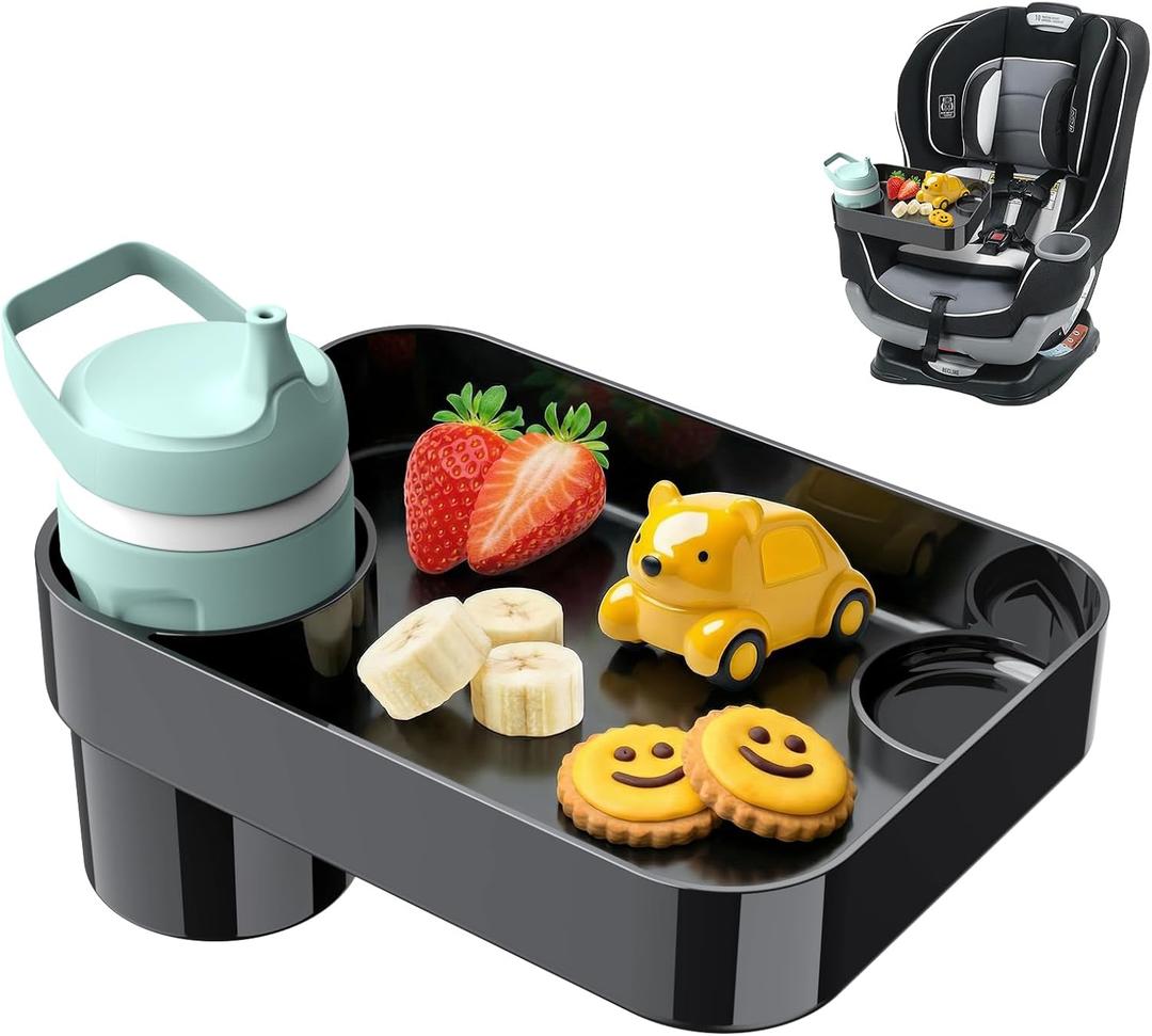 Car Seat Snack Tray for Toddlers - 3 Inch Cup Holder Fits Most Sippy Cups & Straw Bottles with Dip Well, Mess-Free Square Kids Travel Tray Road Trip Essentials, Black